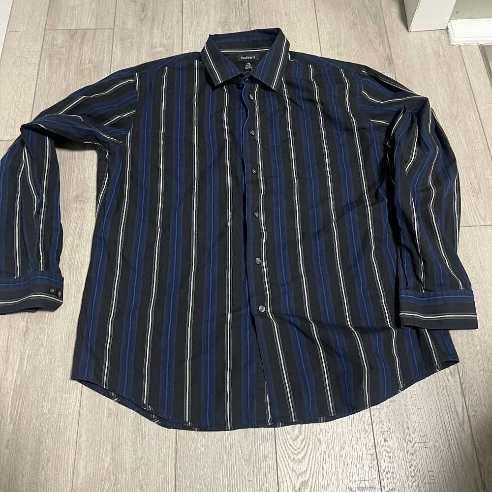 Men's Van Heusen Dress Shirt 16-16.5 Large Blue Striped Long Sleeve Button Down
